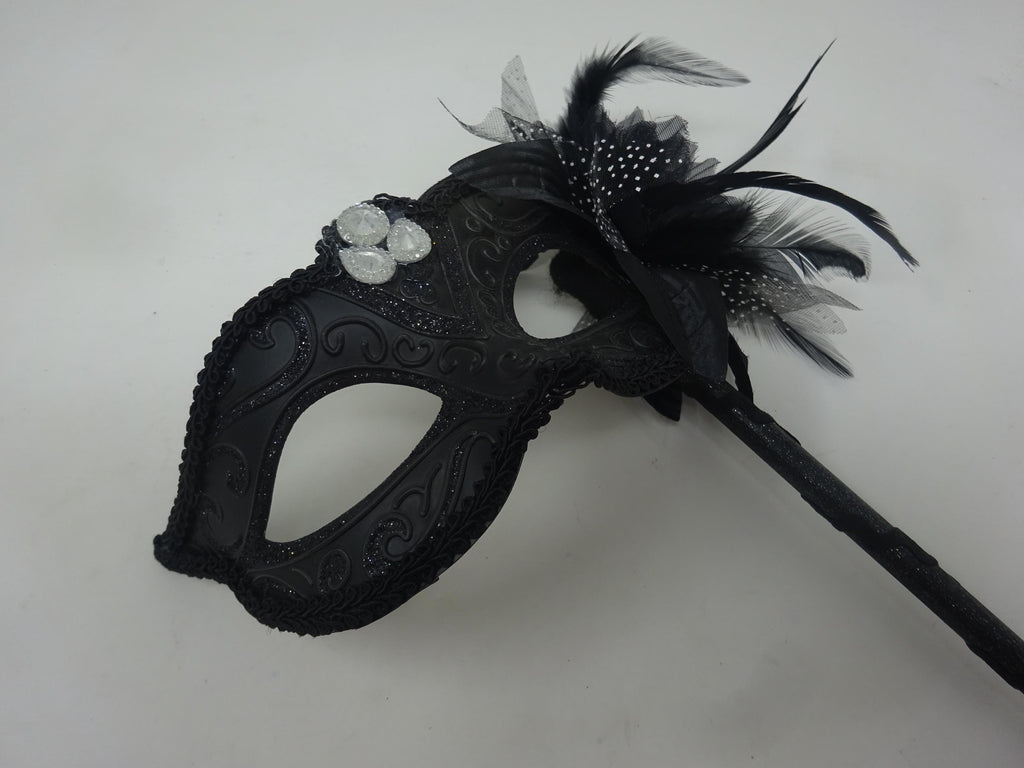 Stunning Black Jewelled Masquerade Mask on a Black Stick with a Flower and Feathers