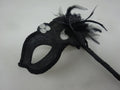 Stunning Black Jewelled Masquerade Mask on a Black Stick with a Flower and Feathers