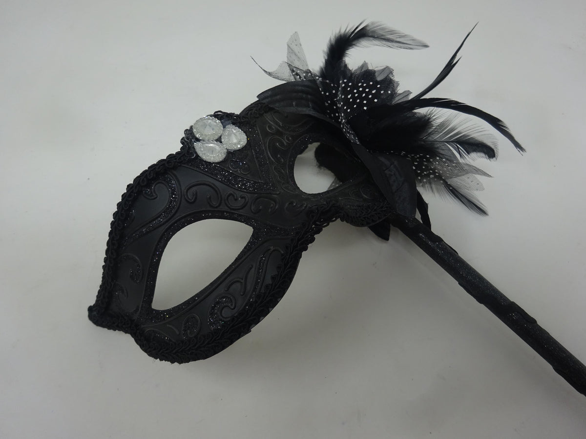 Stunning Black Jewelled Masquerade Mask on a Black Stick with a Flower and Feathers