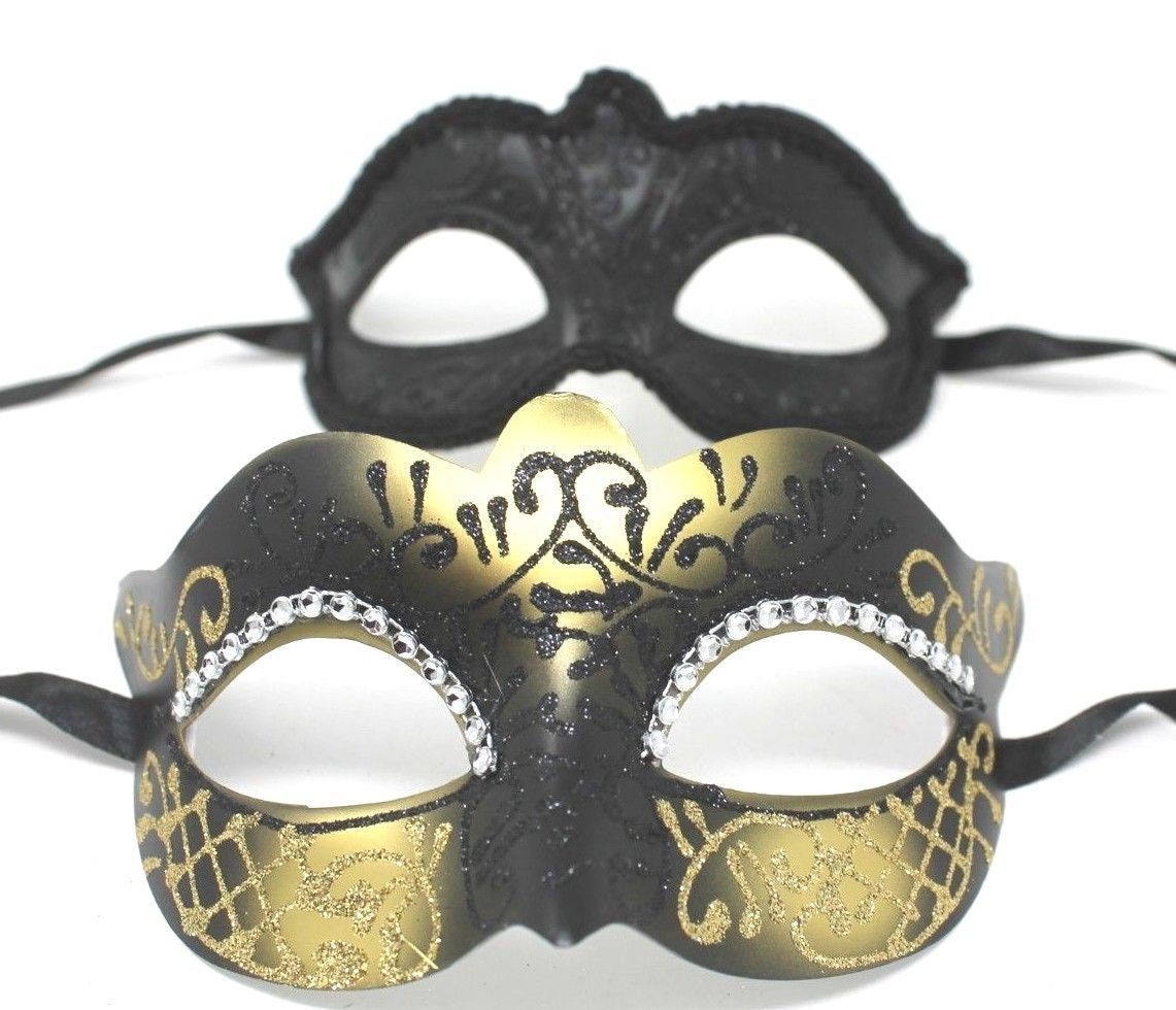 Gold and Black Diamonte Detail His and Hers Couples Pair of Masquerade Masks