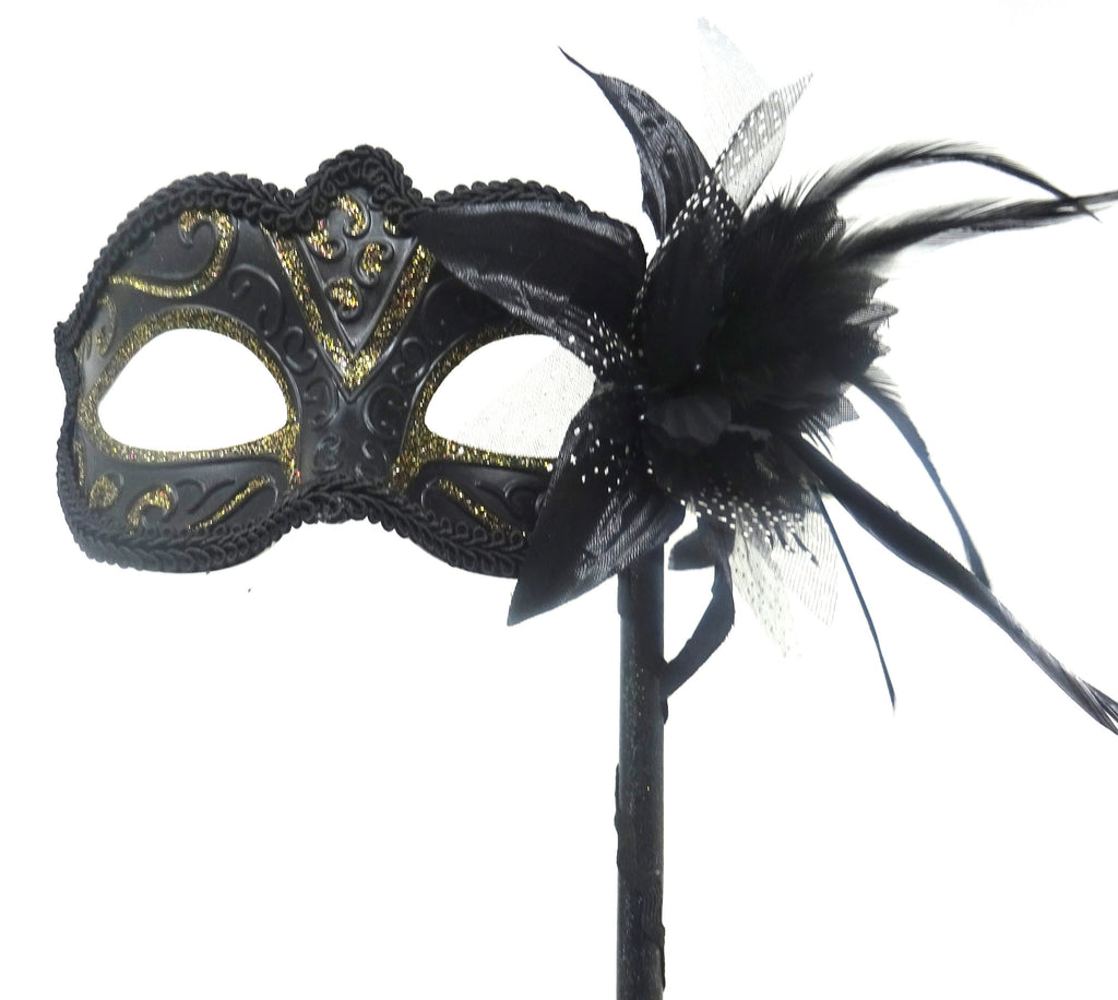 Gold and Black Masquerade Party Carnival Ball Mask Hand Held on a Black Stick with Flower