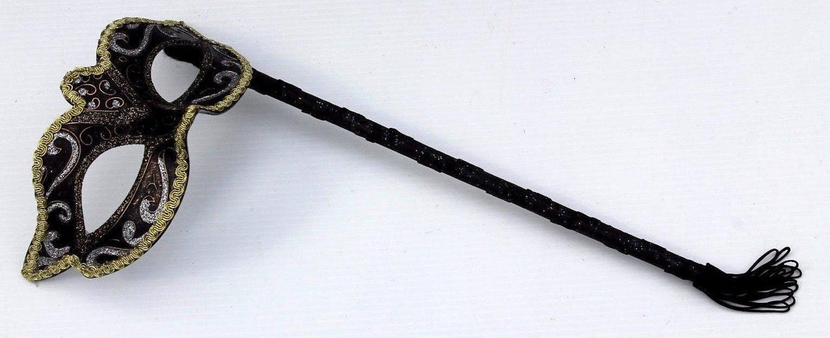 Stunning Black, Bronze Silver and Gold Masquerade Party Ball Mask on a Black Stick