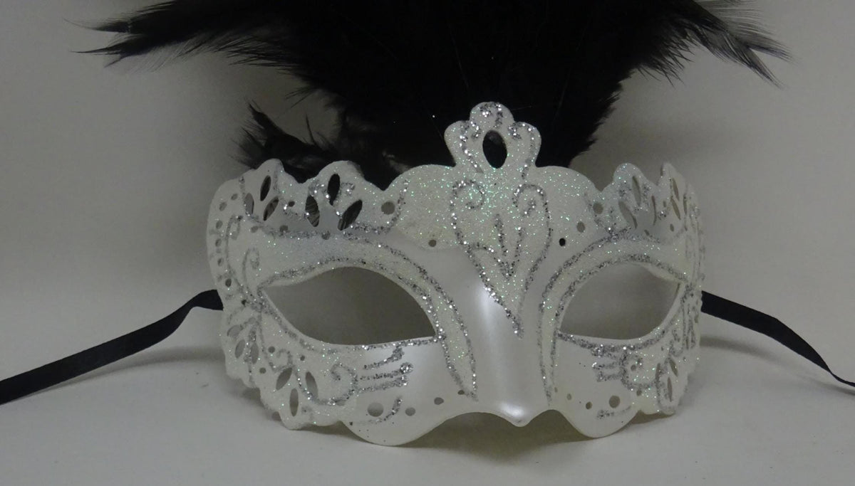 Ladies White & Silver Rialto Long Ostrich Feather Venetian Masquerade Ball Party Prom Eye Mask