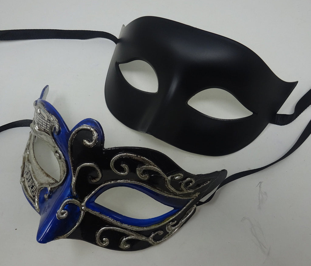 Musical Script Black Silver and Blue His and Hers Couples Pair of Masquerade Party Ball Carnival Masks