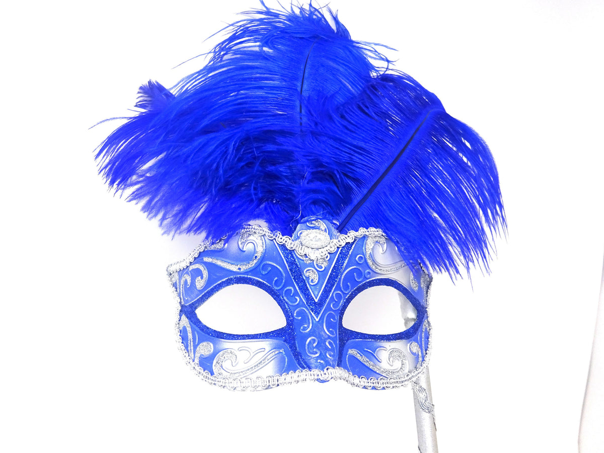 Blue and Silver Tall Feather Masquerade Party Carnival Ball Mask an a Hand Held Wooden Stick