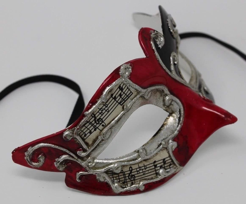 Red, Black and Silver Musical Masquerade Mask for Masked Ball with Musical Notes Script