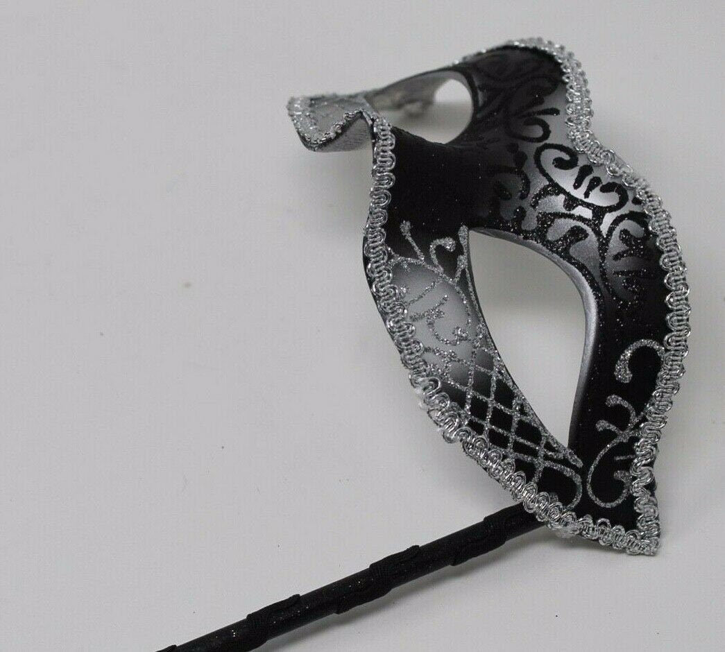 Black and Silver Venetian Masquerade Mask Hand Held on a Stick