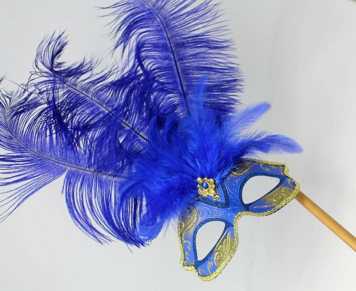 Blue and Gold Feather Masquerade Mask on a Gold Stick