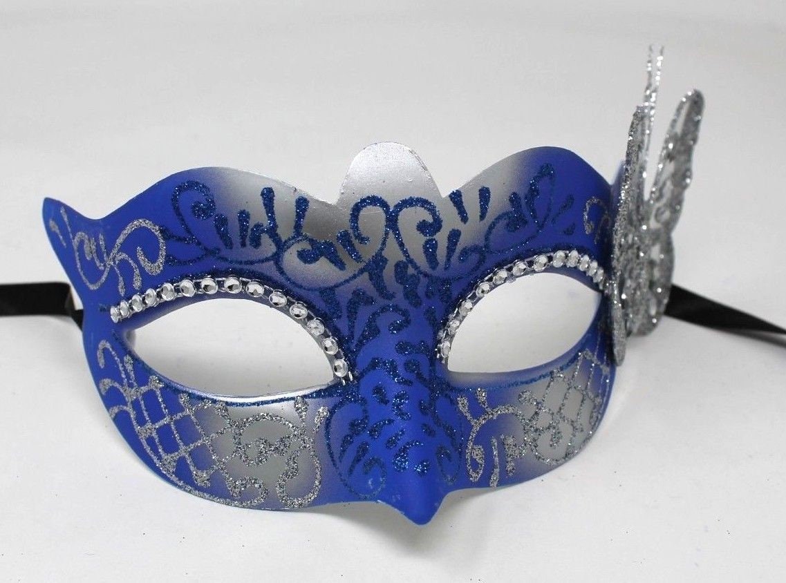 Blue and Silver Masquerade Mask with Silver Butterfly Details