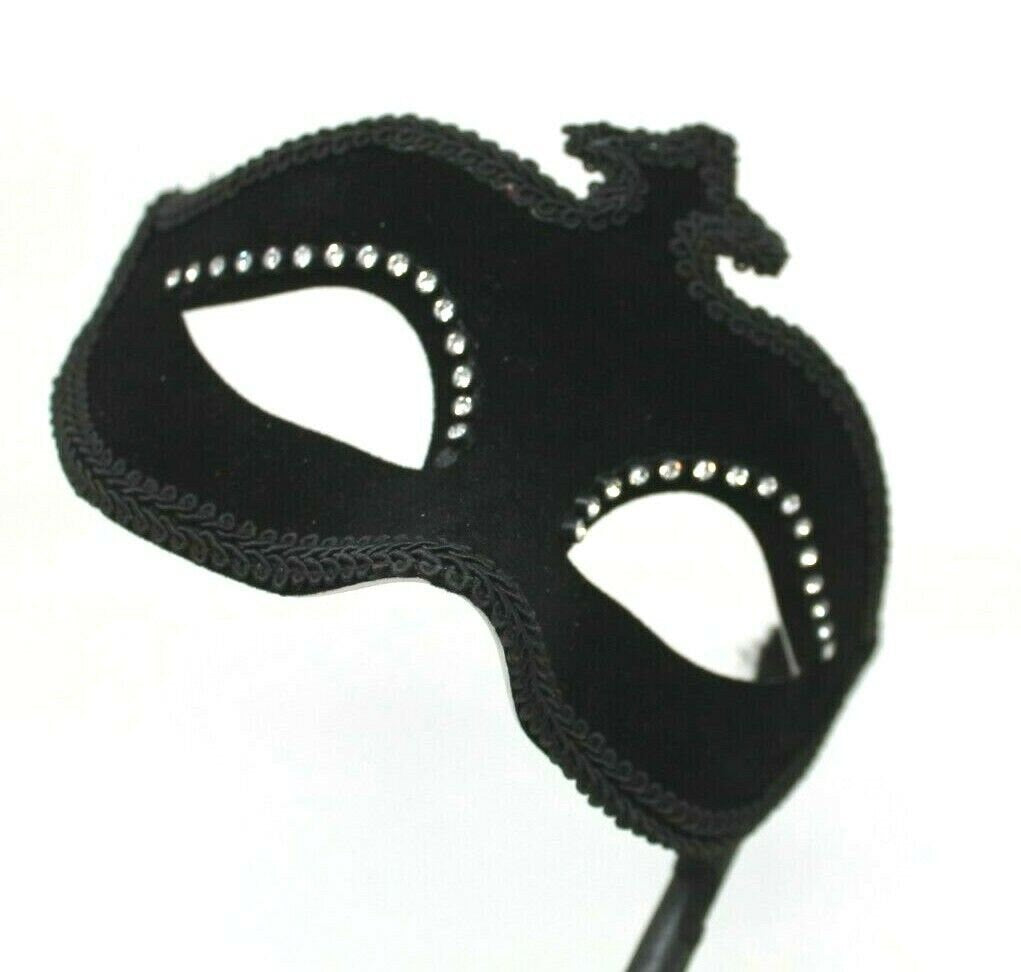 Velour Diamonte Black Masquerade Hand Held Mask on a Stick