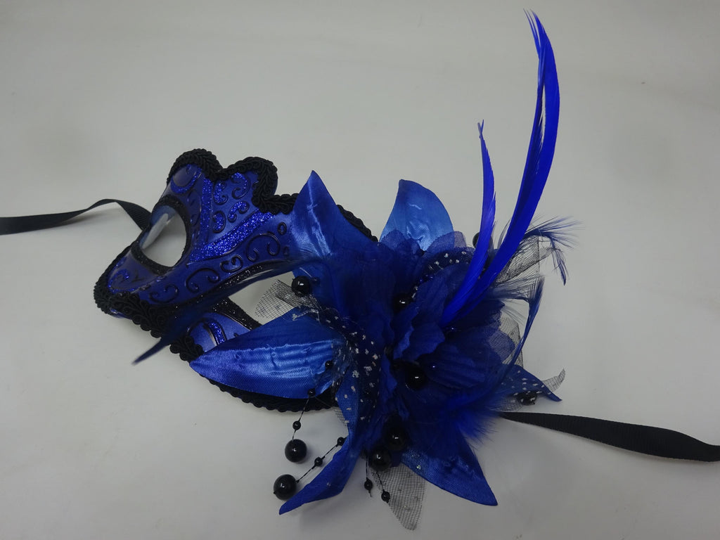 Sparkling Blue and Black Masquerade Ball Party Eye Mask with Flower and Feathers