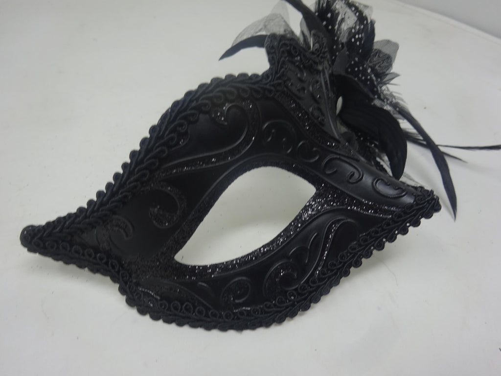 Ladie Black Masquerade Mask with Flower and Feather Detail