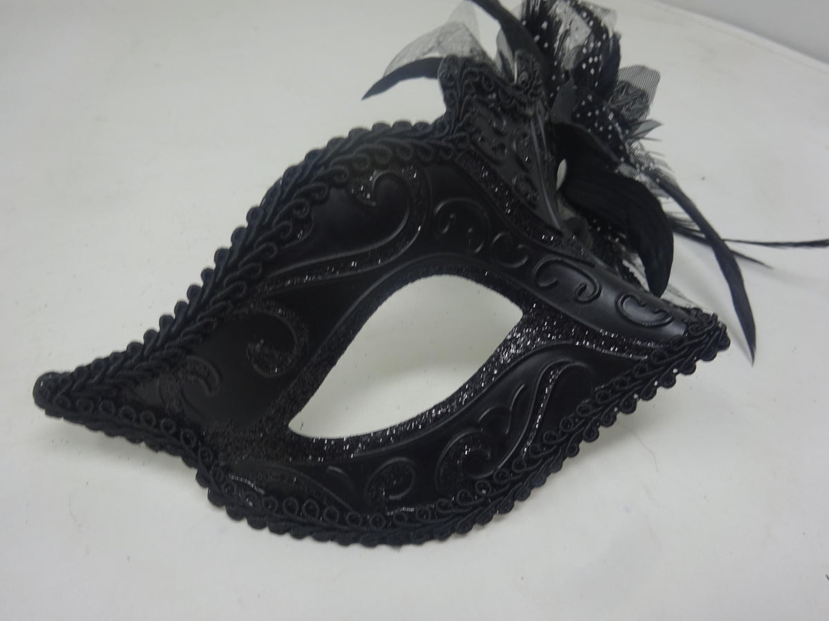 Ladie Black Masquerade Mask with Flower and Feather Detail