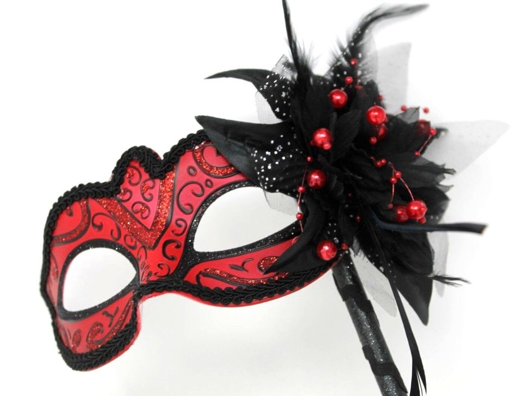 Red and Black Masquerade Mask on a Black Stick with Flower