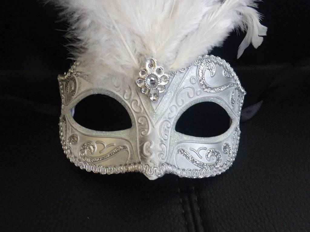 Ladies Stunning White and Silver Long Feather Masquerade Mask with Centre Jewel