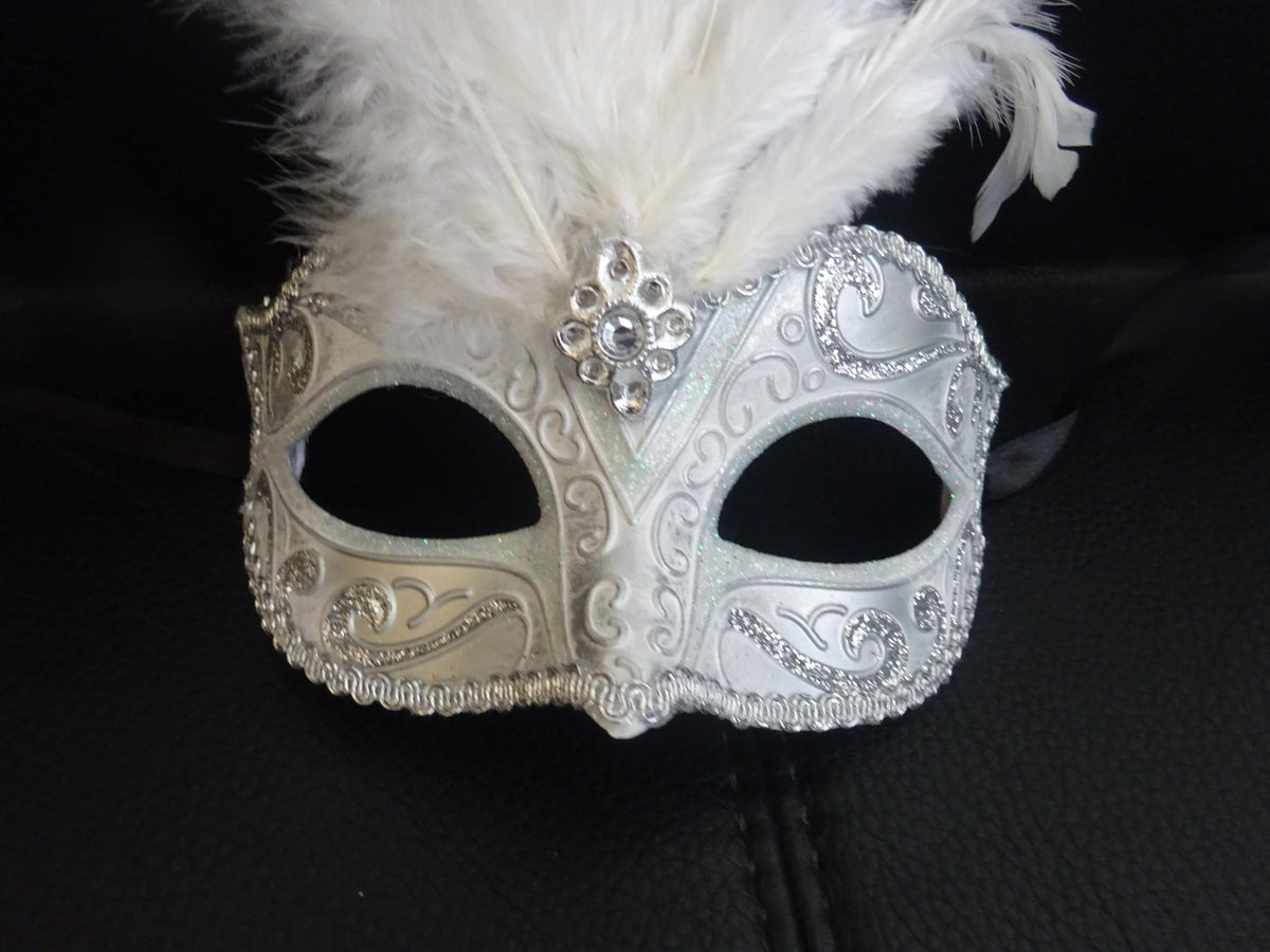 Ladies Stunning White and Silver Long Feather Masquerade Mask with Centre Jewel