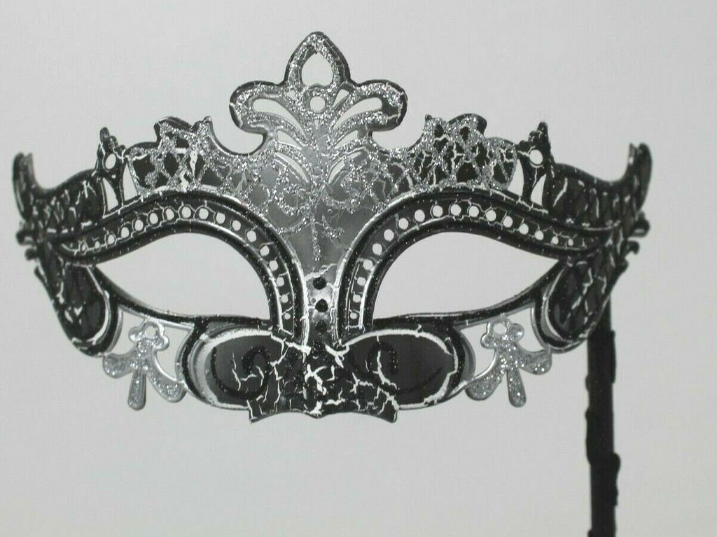 Black and Silver Rialto Masquerade Mask on a Black Stick