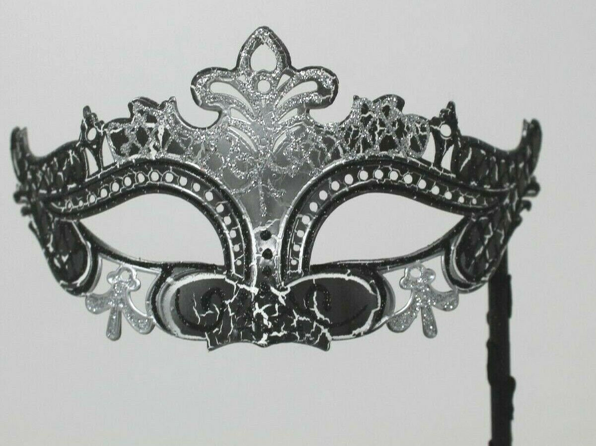 Black and Silver Rialto Masquerade Mask on a Black Stick