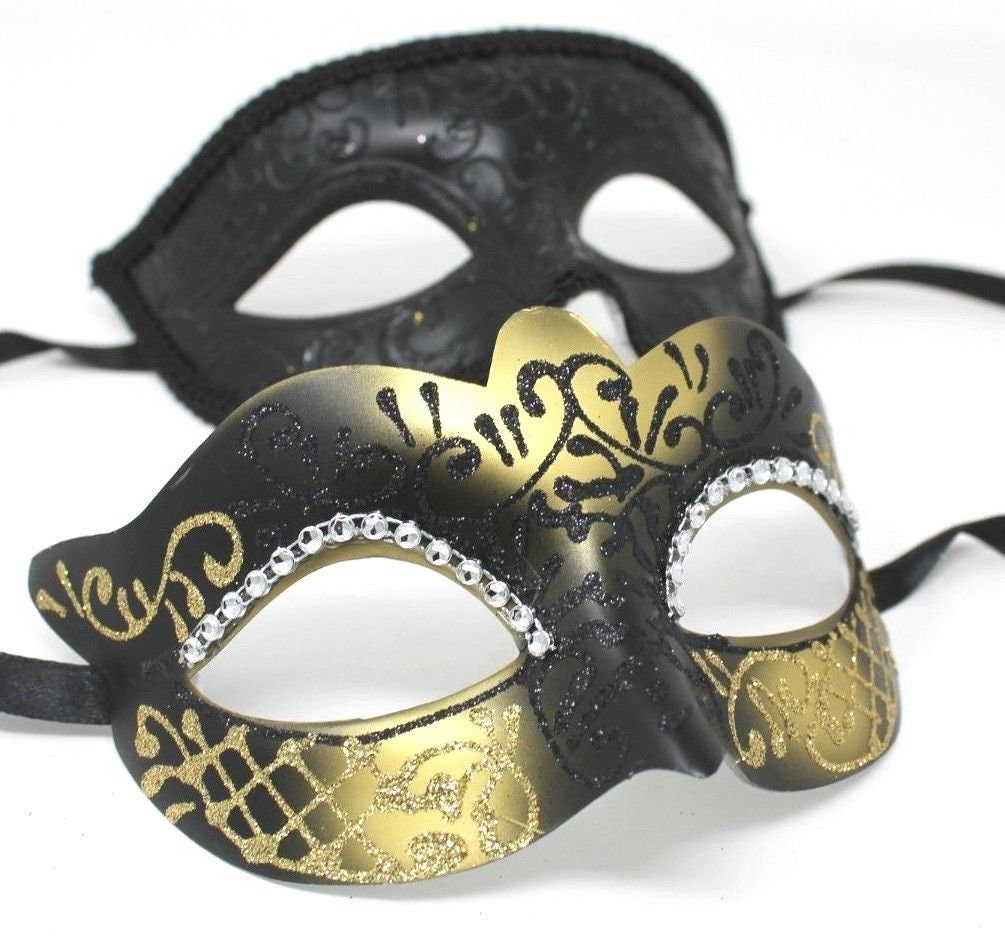 Gold and Black Diamonte Detail His and Hers Couples Pair of Masquerade Masks
