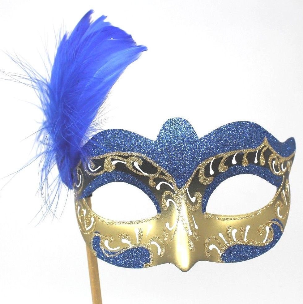 Stunning Blue and Gold with Feather Masquerade Mask on a Gold Stick