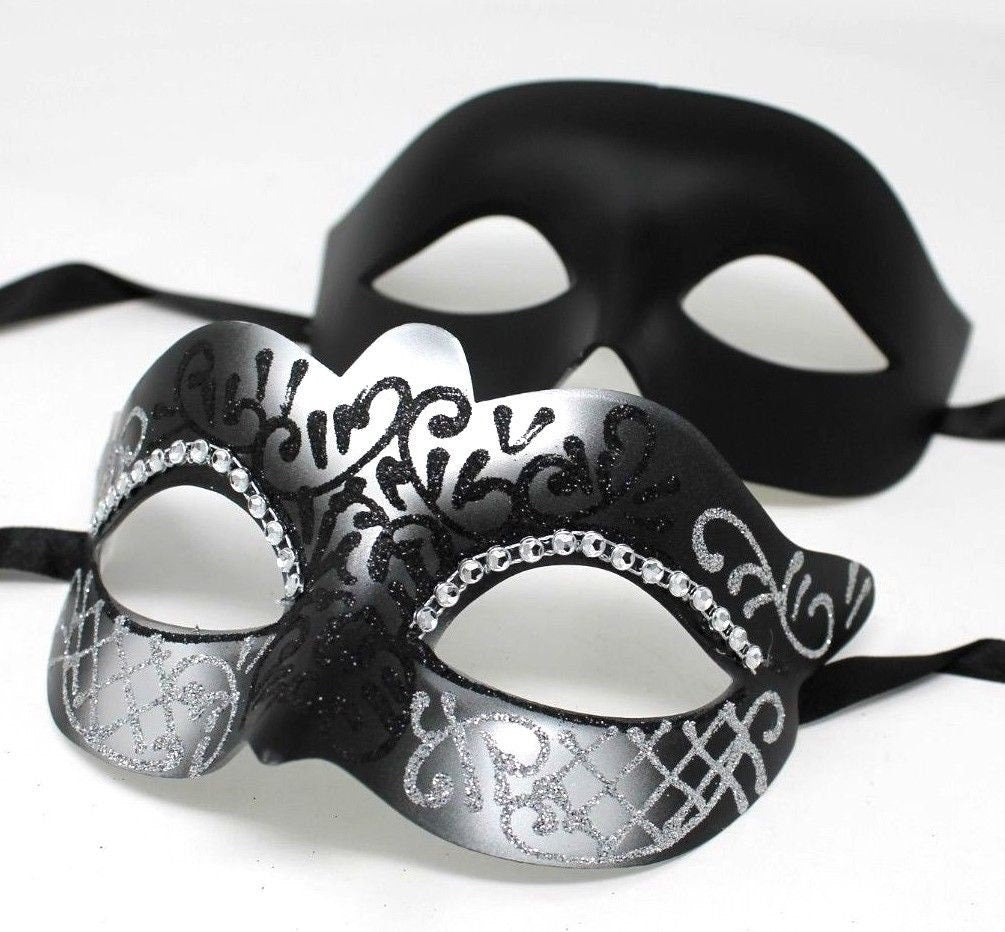 Black and Silver Diamonte Pair of Male and Female Couples Masquerade Masks