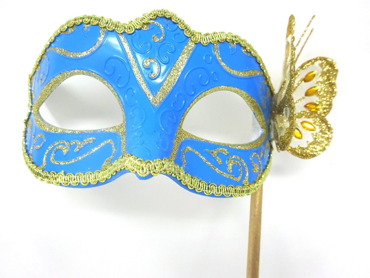 Turquoise and Gold Masquerade Party Carnival Ball Mask on a Gold Stick with Butterfly