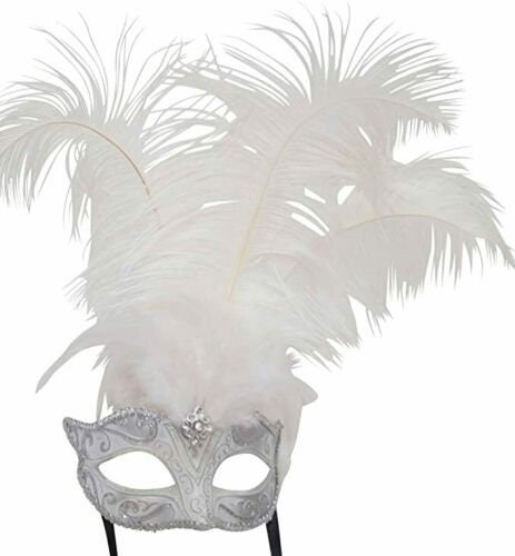 Ladies Stunning White and Silver Long Feather Masquerade Mask with Centre Jewel