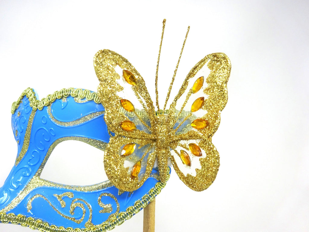 Turquoise and Gold Masquerade Party Carnival Ball Mask on a Gold Stick with Butterfly