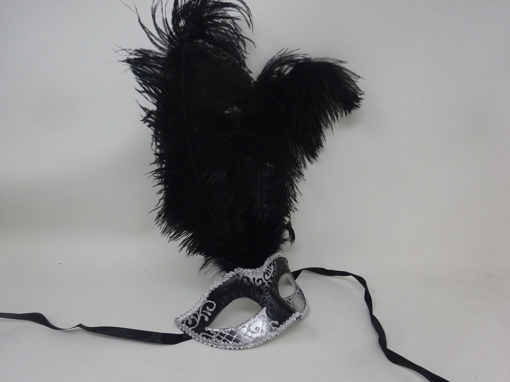 Stunning Black and Silver Long Black Feather Venetian Masquerade Prom Ball Eye Mask