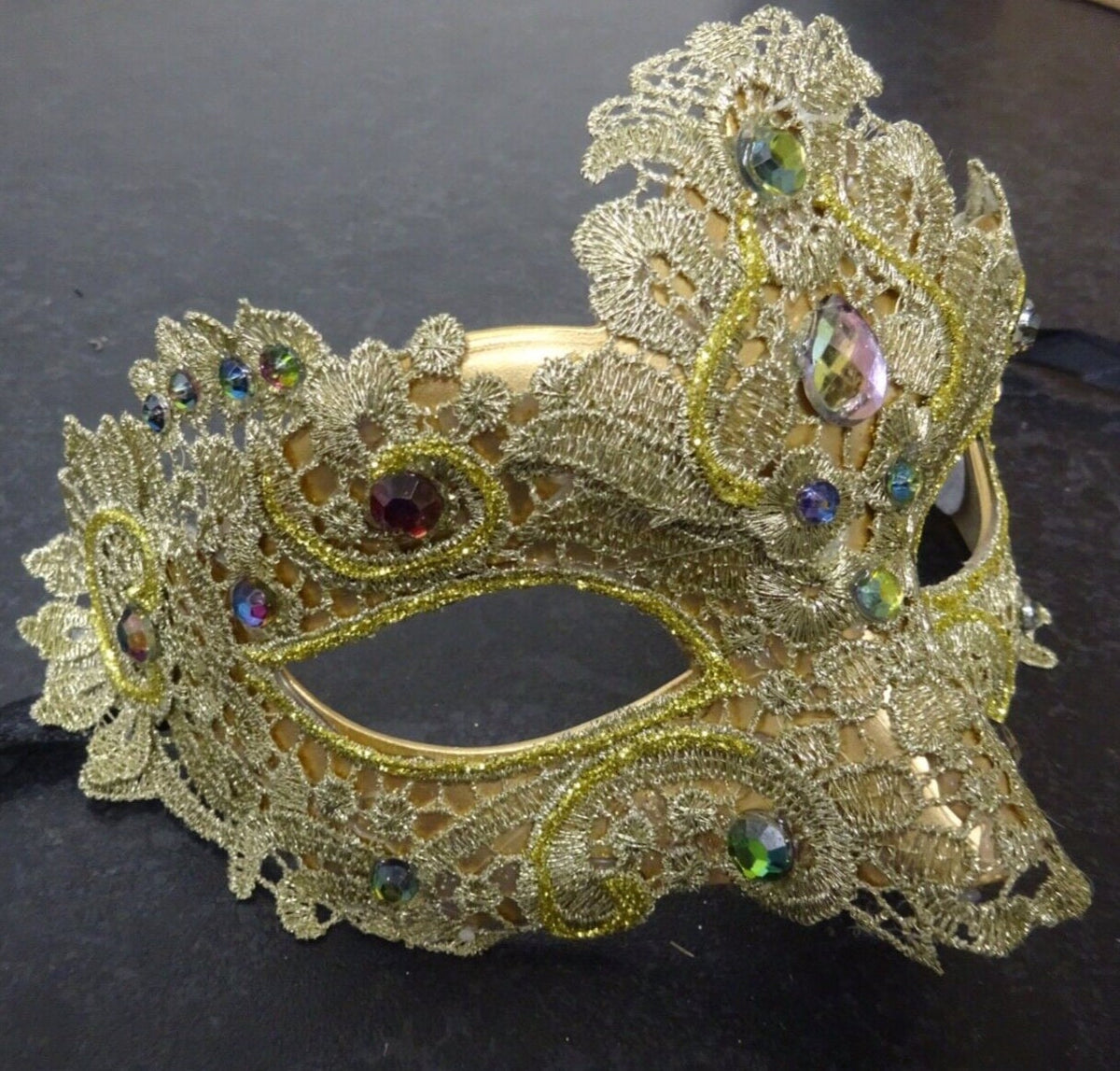 Gold/Champagne Brocade Lace Masquerade Mask with Multi-coloured Crystals