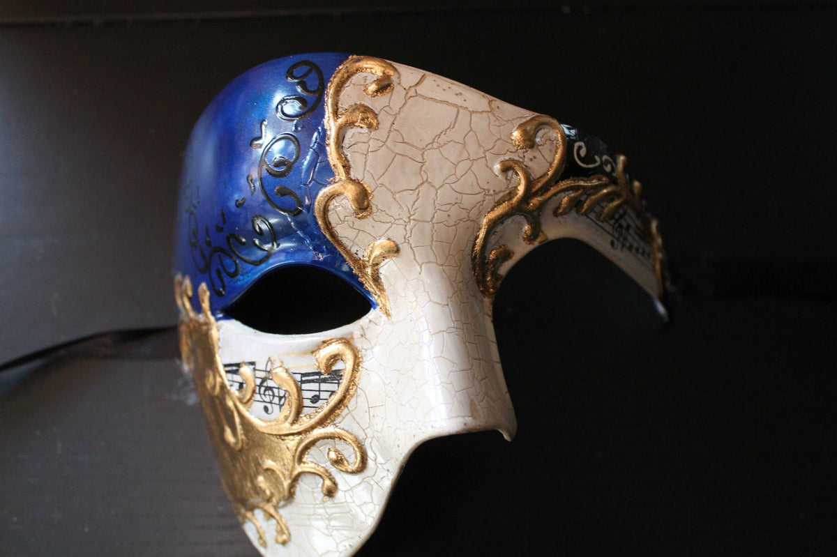 Blue and Gold Half Face Phantom Masquerade Mask