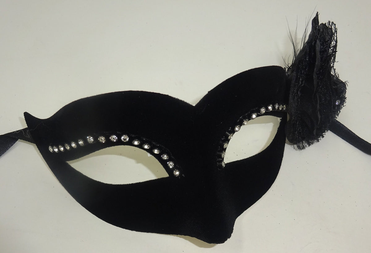 Small Ladies Delicate Velour Diamonte Black Masquerade Ball Carnival Mask with Flower & Single Diamonte