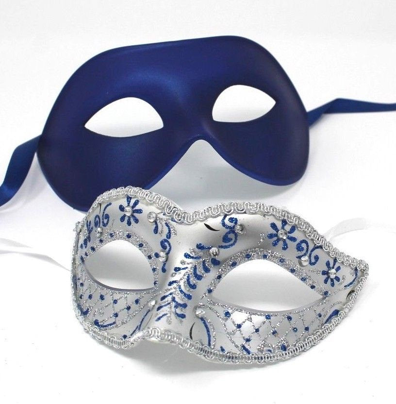 Blue and Silver His and Hers Couple Masquerade Masks