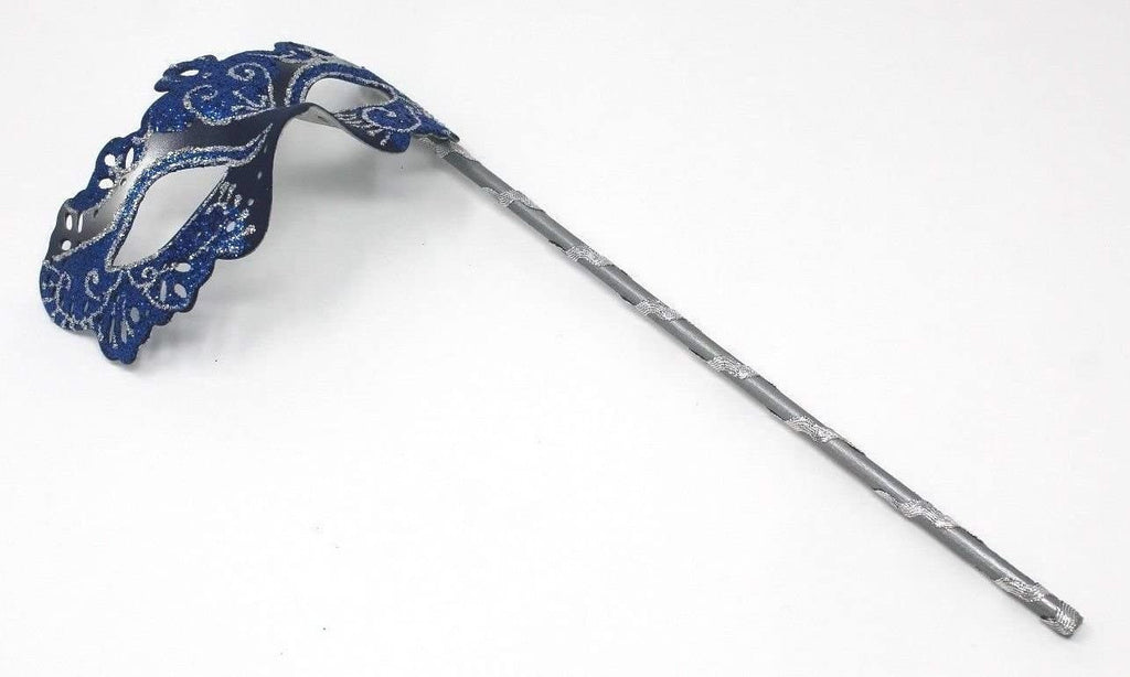 Blue and Silver Rialto Venetian Masquerade Ball Party Mask Hand Held on a Stick