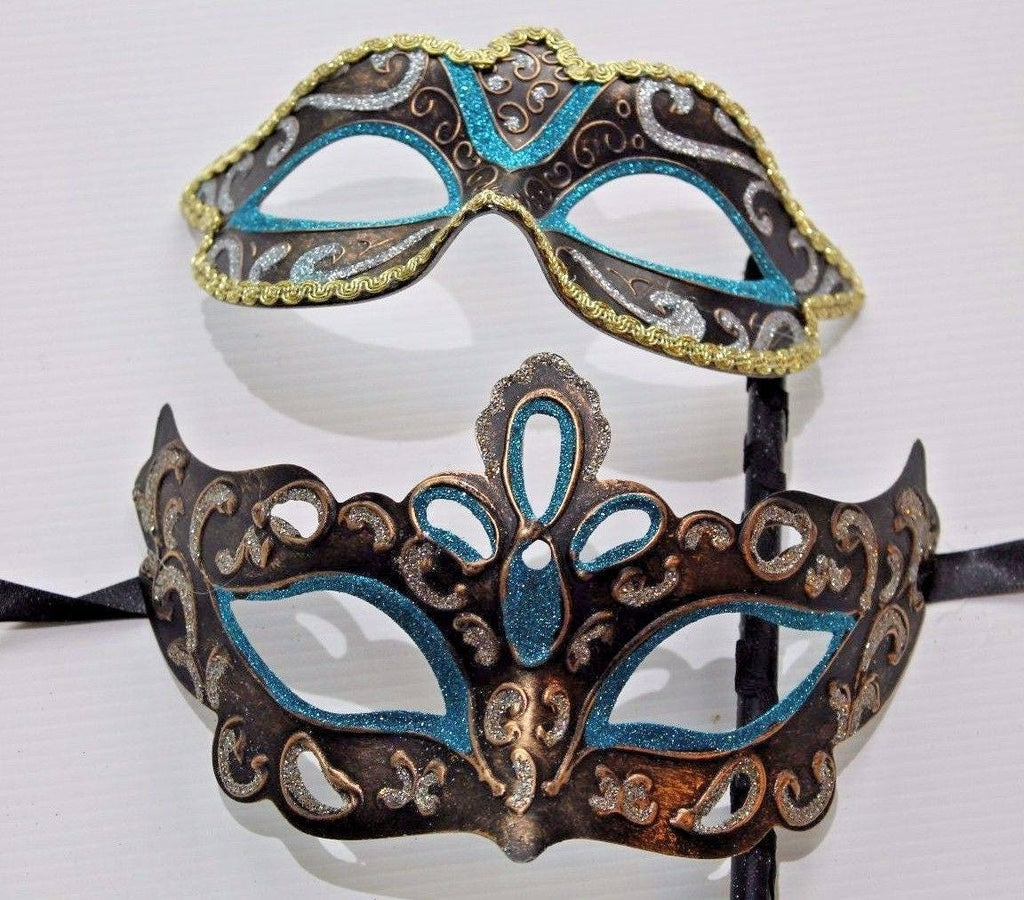His and Hers Turquoise, Bronze, Silver and Gold Pair of Male and Female Couples Masquerade Masks