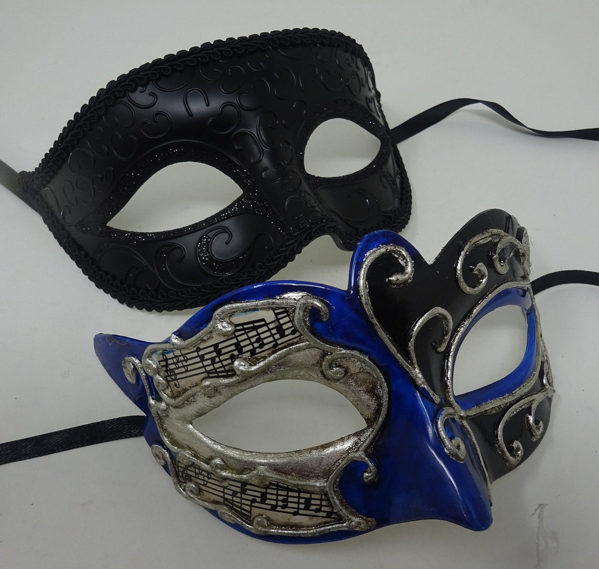 Musical Script Black Silver and Blue His and Hers Couples Pair of Masquerade Party Ball Carnival Masks