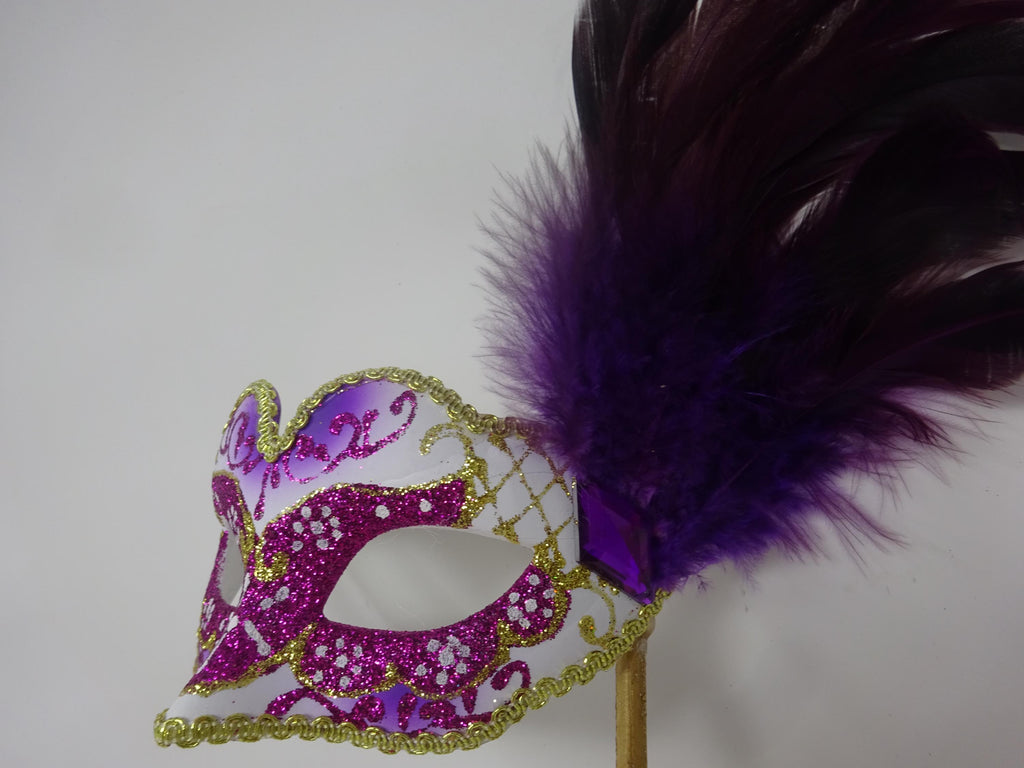 Stunning Purple and Gold Masquerade Mask on a Gold Stick with Feather Detail
