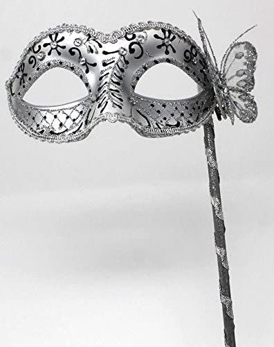 Black and Silver Jewelled Masquerade Prom Party Ball Eye Mask on a Silver Stick with Butterfly Hand Held