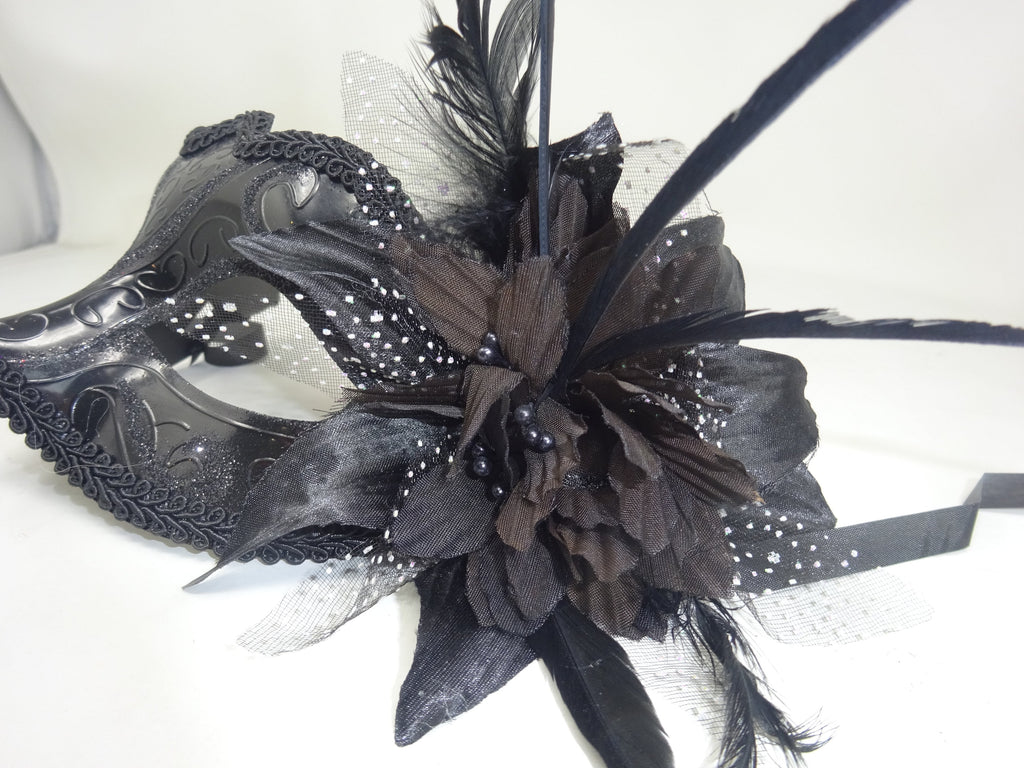 Ladies High Gloss Black Masquerade Mask with Flower and Feather Detail