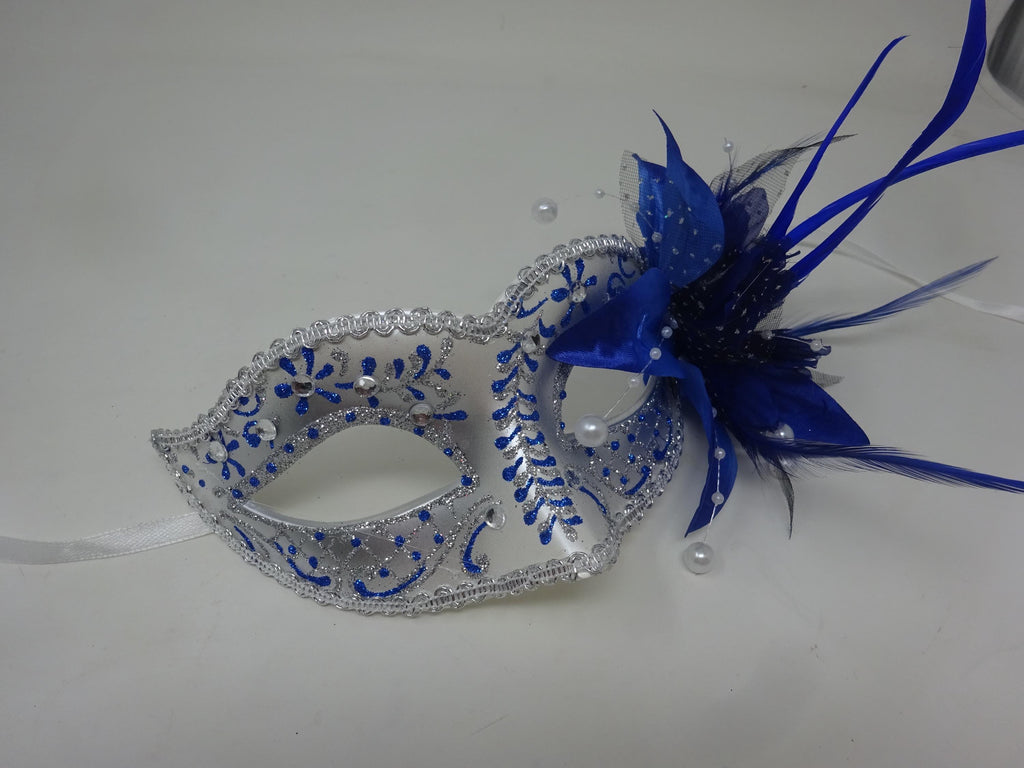 Blue and Silver Masquerade Mask with Flower Long Slim Feathers Beaded Stamens and Organza Enhanced with Clear Jewels