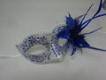 Blue and Silver Masquerade Mask with Flower Long Slim Feathers Beaded Stamens and Organza Enhanced with Clear Jewels