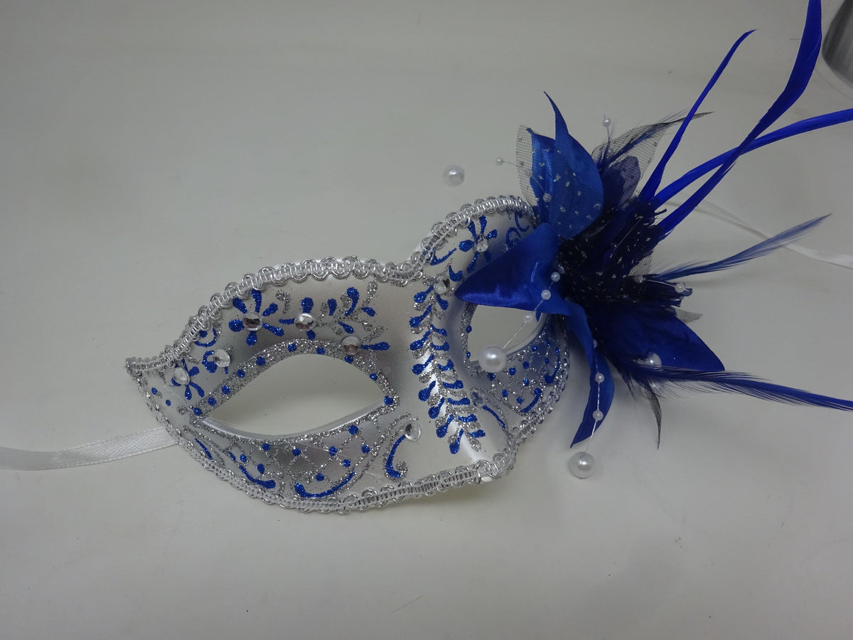 Blue and Silver Masquerade Mask with Flower Long Slim Feathers Beaded Stamens and Organza Enhanced with Clear Jewels