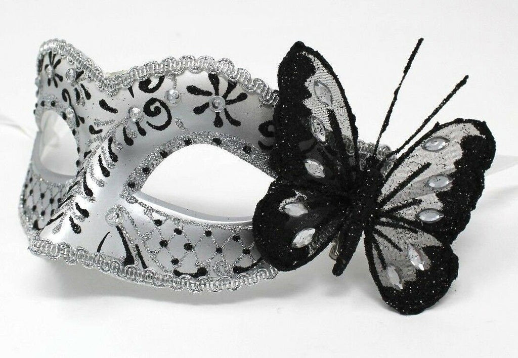 Black and Silver Jewelled Masquerade Mask with Sparkling Butterfly Detail