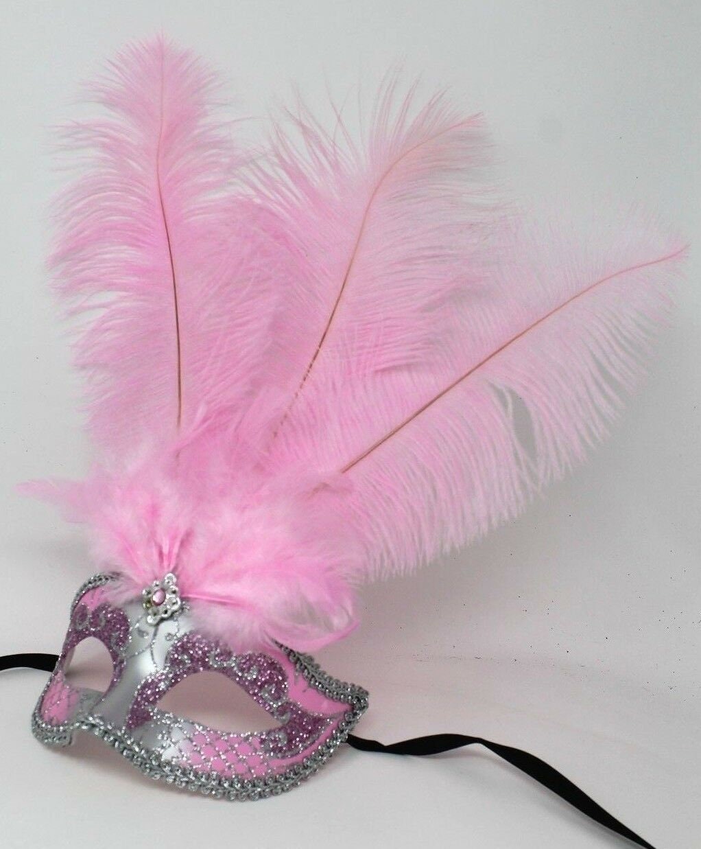 Ladies Baby Pink and Silver Feather Masquerade Carnival Party Ball Mask