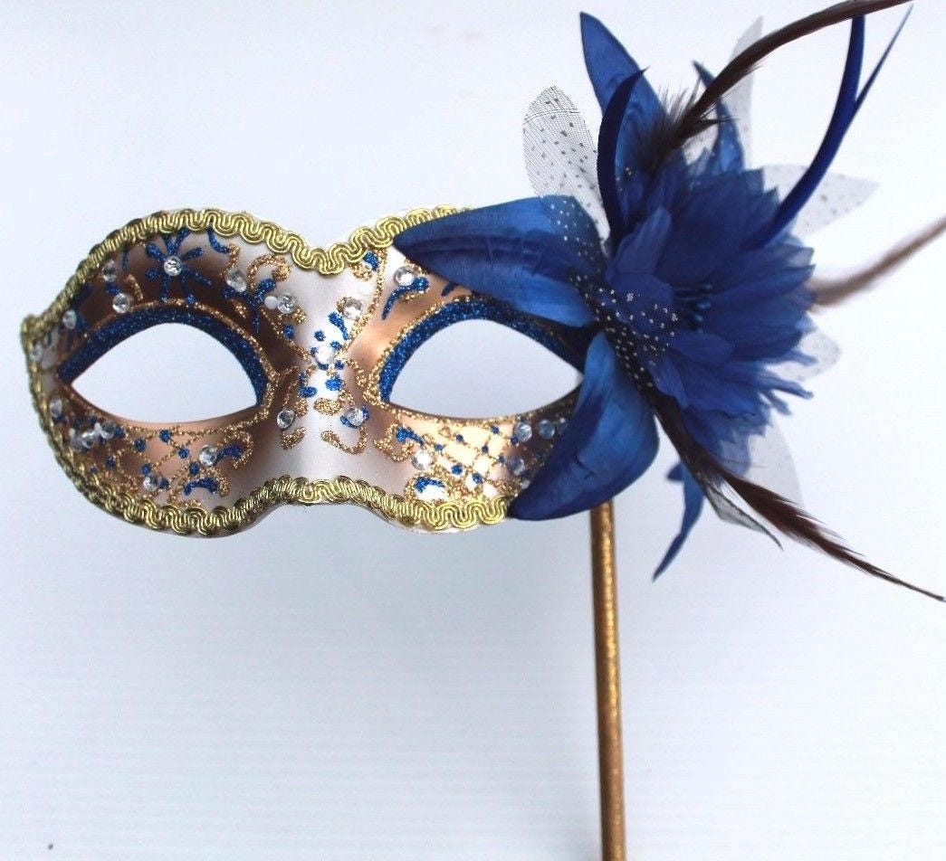 Pretty Blue and Gold with Flower Masquerade Mask on a Gold Stick
