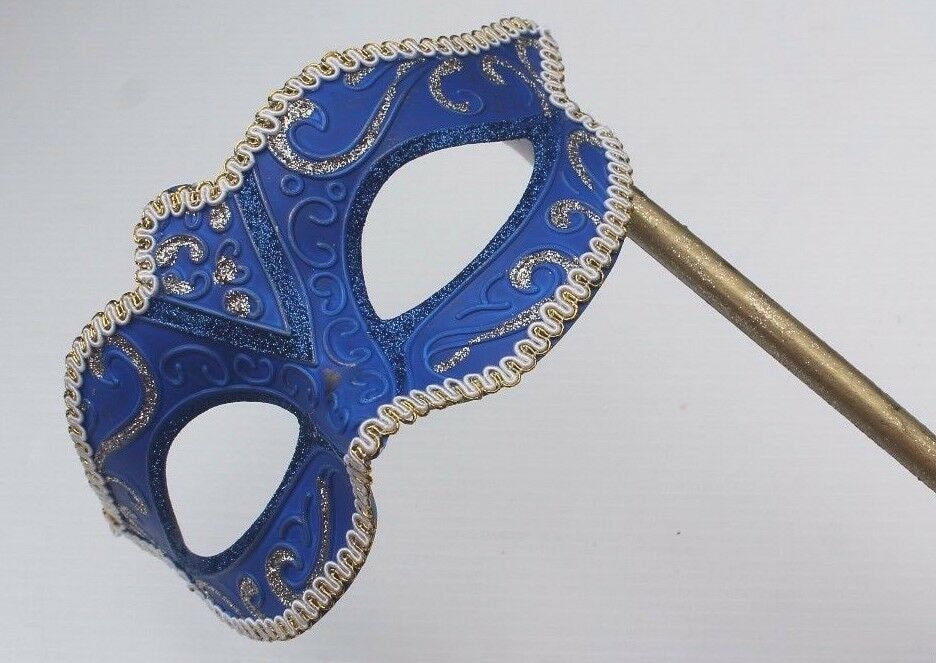 Blue and Gold Venetian Masquerade Party Carnival Eye Mask on a Gold Stick
