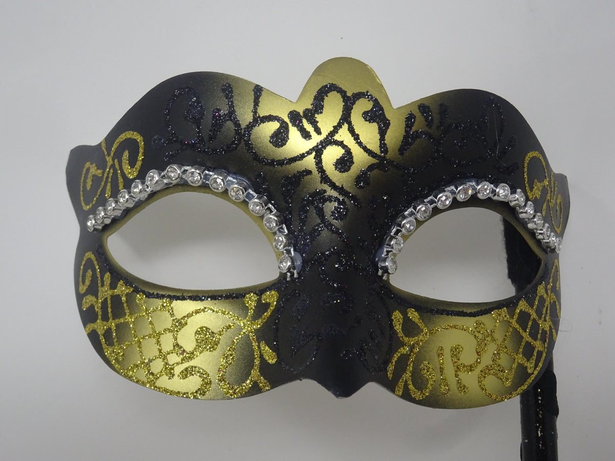 Hand Held Ladies Jewelled Glittering Black and Gold Masquerade Prom Party Ball Carnival Mask on a Stick