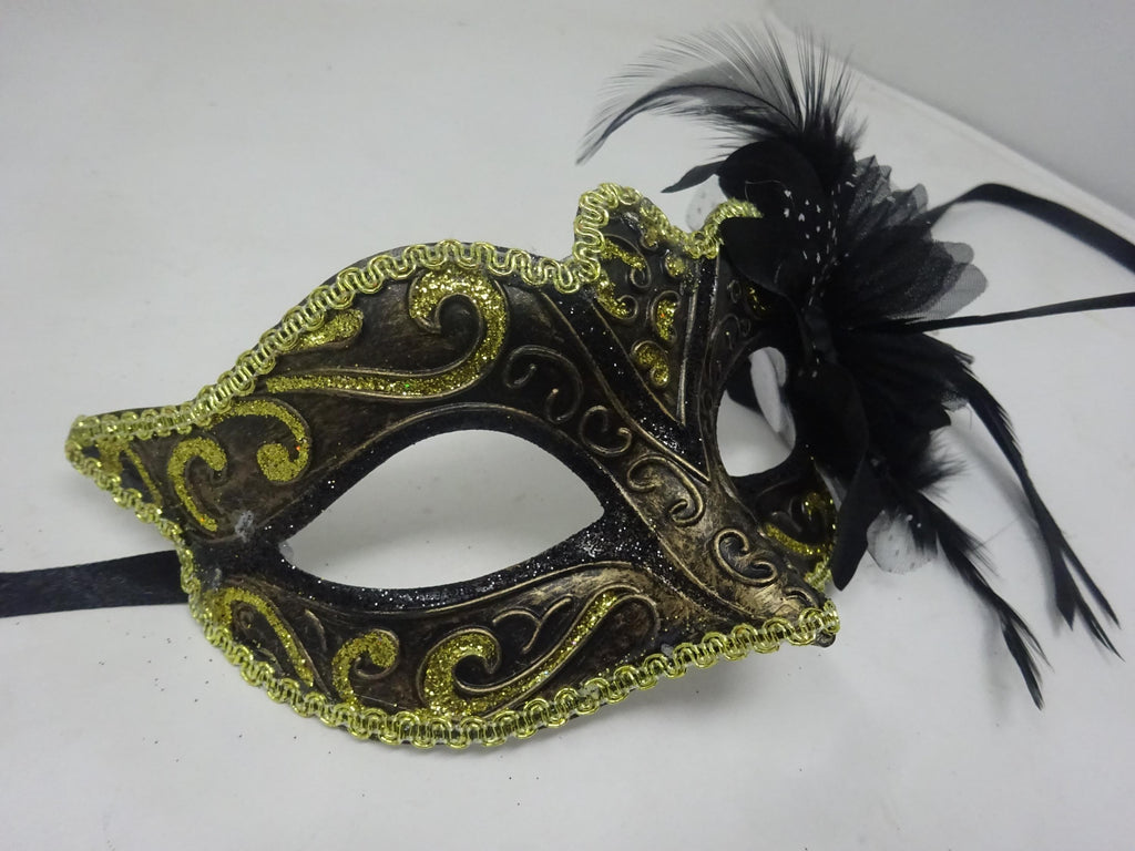 Black, Bronze and Gold Venetian Masquerade Party Ball Prom Eye Mask with Flower