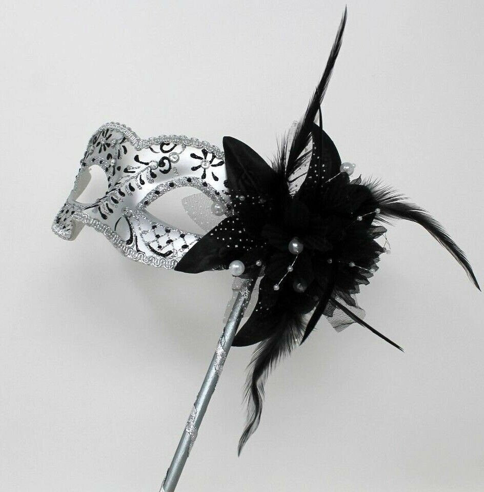 Stunning Black and Silver Venetian Masquerade Prom Ball Party Eye Mask with a Flower on a Silver Stick with Clear Jewels
