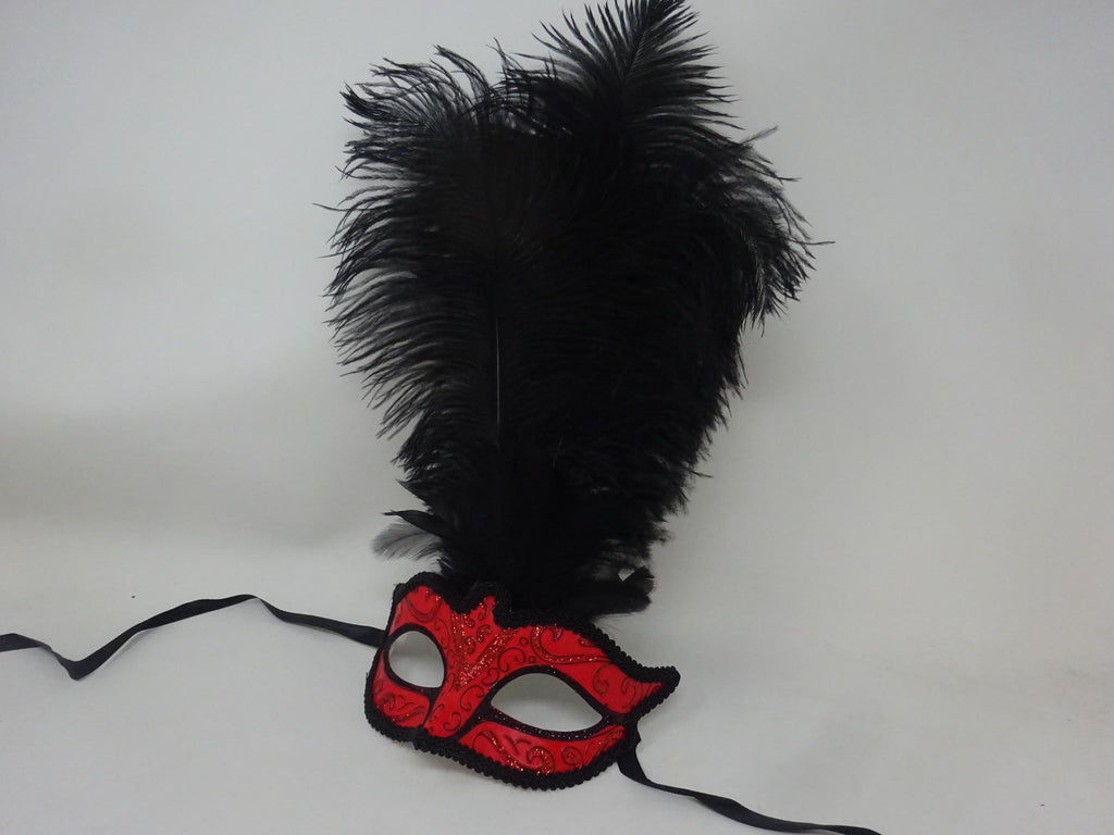Red and Black Masquerade Eye Mask with Long Feathers for Party Prom Masked Ball